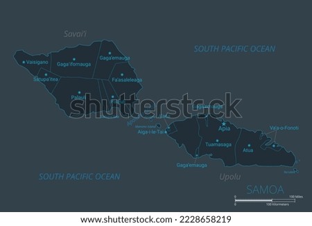 Samoa map. High detailed map of Samoa with countries, borders, cities, water objects. Vector illustration eps10.