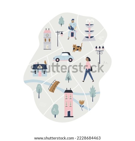 Cute city map with streets, parks, people, colorful houses. Lovable poster design, decoration.