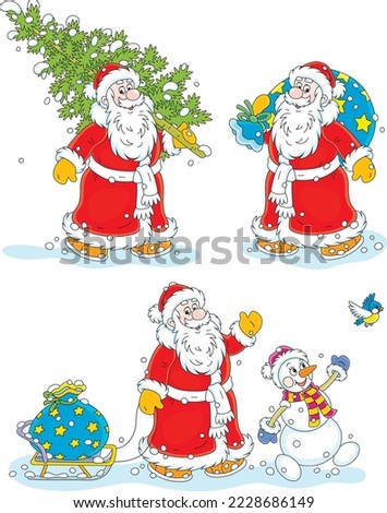 Vector cartoon set with Santa Claus, a funny toy snowman, a magical bag of holiday gifts for little kids and a small Christmas tree from a snowy winter forest