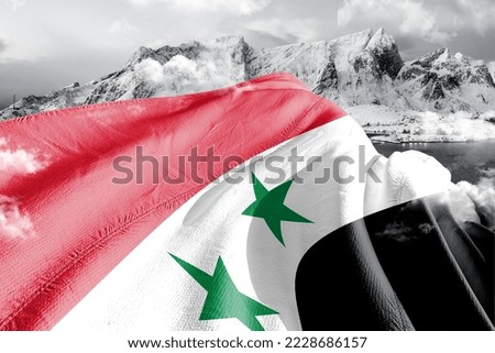 Syria national flag cloth fabric waving on beautiful Background.