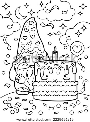 

Gnome with a birthday cake. Coloring book for children. Gnome coloring book. Black and white vector illustration.