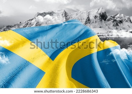Sweden national flag cloth fabric waving on beautiful Background.