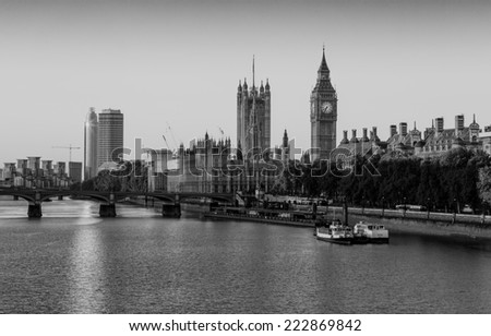 Retro Photo Filter Effect - Elizabeth Tower, Big Ben and Westminster Bridge in early morning light, London, England, UK.