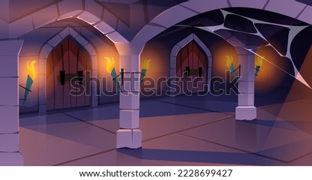 Medieval castle with wooden door with knob, brick wall and torches with fire. Ancient corridor interior with cobweb on stone arch in dark dungeon or old fortress cartoon vector illustration.