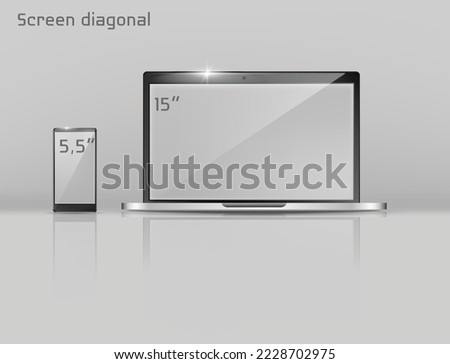 Realistic set of laptop and smartphone with 3D reflection - Stock Vector illustration. Set of realistic laptop and phone on a grey background.
