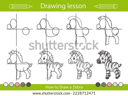 Drawing tutorial and art lesson. How to draw a zebra. Kids activity page. Children education step by step worksheet. Vector illustration.