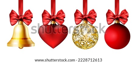 Set of Gold and red Christmas decoration hanging on ribbon with bow. Vector illustration isolated on a white background