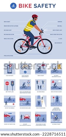 Bike safety equipment and cycling safety tips, infographic with icons and copy space