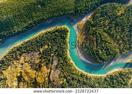 A drone view of the river in the woods. An aerial view of an autumn forest. Winding river among the trees. Turquoise mountain water. Landscape with soft light before sunset. Alberta, Canada. Royalty-Free Stock Photo #2228722637