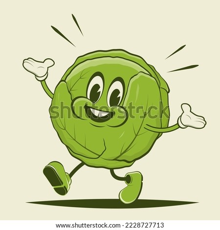 funny retro cartoon illustration of a walking lettuce
