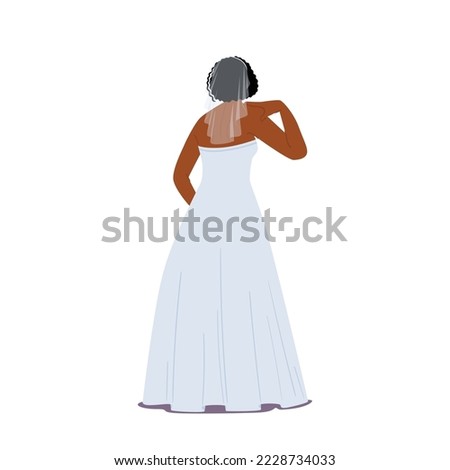 Black Stylish Bride in Elegant Dress and Veil Rear View Isolated on White Background. Beautiful African Female Character in Fashioned Apparel for Wedding Ceremony. Cartoon People Vector Illustration