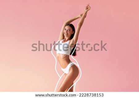 Wellness Concept. Happy slim woman in underwear with drawn outlines around figure posing with hands raised up, beautiful female showing her fit body shape, demonstrating result of weightloss, collage