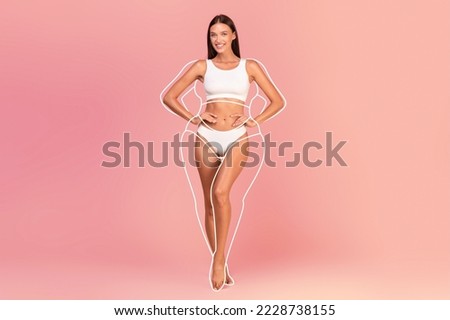 Body Shaping. Beautiful young woman in white underwear with drawn silhouette around figure standing over pink studio background, smiling happy female demonstrating result of weight loss, collage
