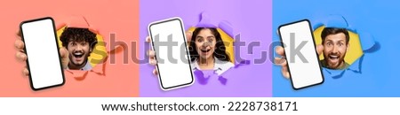 Mobile app. Emotional multiracial young people posing in torns in colorful paper walls, showing modern smartphones with white empty screens, mosaic of studio photos, mockup, collage, web-banner