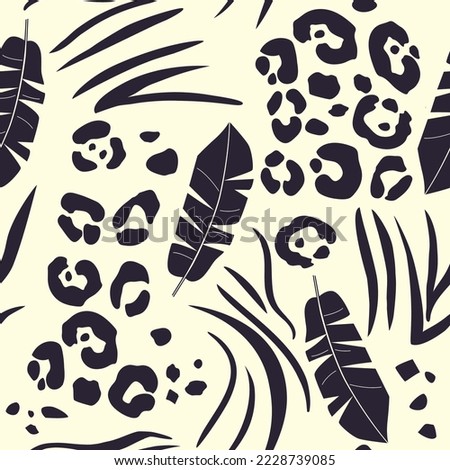 Seamless background of trendy exotic pattern with banana leaves, leopard skin and zebra stripes. Artistic collage of animal drawing. template for fabric design, cover, wallpaper.
