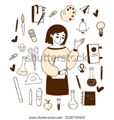 Set school vector doodles. Cute woman teacher with a magazine, stationery, notebooks, study items, pens and textbooks, glass flasks and paints. isolated linear hand drawings for school design
