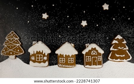 Homemade Christmas gingerbread cookies in the form of houses, trees and stars laid out in the style of Christmas Eve.