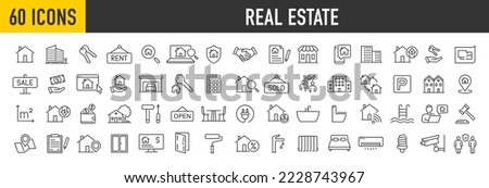 Set of 60 Real Estate web icons in line style. Rent, building, agent, house, auction, property, mortgage, home, realtor, collection. Vector illustration. Royalty-Free Stock Photo #2228743967
