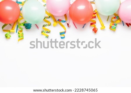 Flat lay decoration party concept. Balloons and various party decorations top view