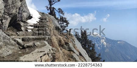 Stairway to SnowLine Cafe on the mountain cliff near Jhande Wali Mata and Dharamshala in India Royalty-Free Stock Photo #2228754363