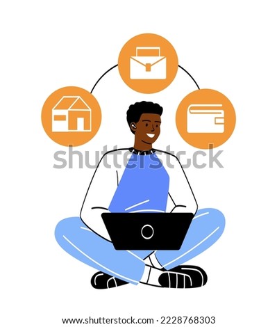 Money management concept. Young male entrepreneur invests money in real estate, securities or stock market. Investor plans budget and increases income. Cartoon flat vector illustration in doodle style