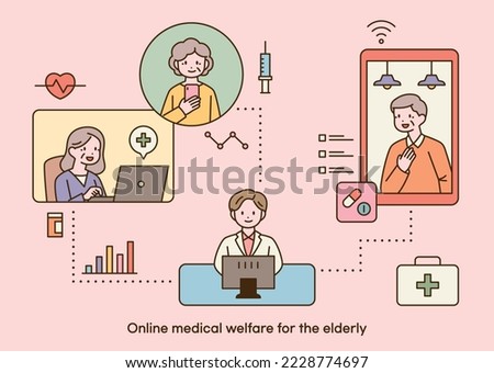 Elderly patients are receiving online non-face-to-face treatment. A doctor working on a computer and a patient on the screen connected to it. outline simple vector illustration.