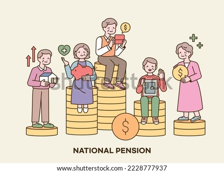 The elderly are sitting on the stacked coins with a smile. They are holding objects that symbolize wealth in their hands. outline simple vector illustration.
