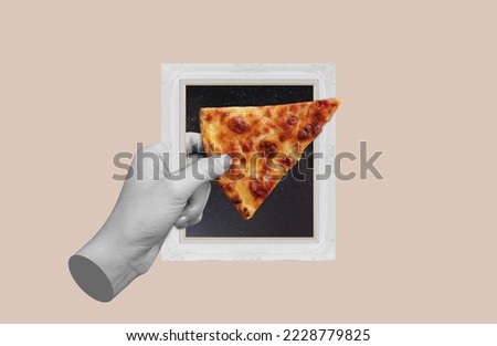 Digital collage, Hand holding slice of pizza, with picture frame