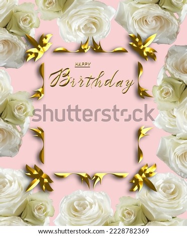 Beautiful happy birthday card for a woman or girl with flowers and gold
