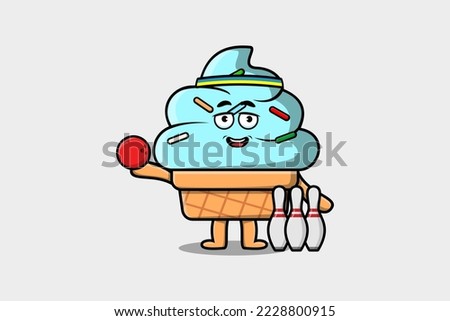 Cute cartoon Ice cream character playing bowling in flat modern style design illustration