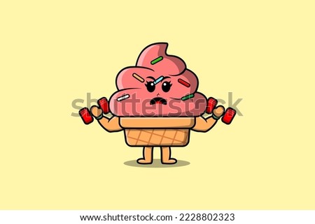 Cute cartoon Ice cream character is fitness with barbell in modern style design
