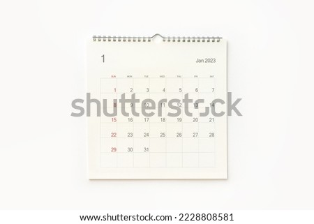 January 2023 calendar page on white background. Calendar background for reminder, business planning, appointment meeting and event. Royalty-Free Stock Photo #2228808581