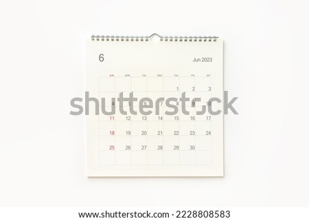 June 2023 calendar page on white background. Calendar background for reminder, business planning, appointment meeting and event. Royalty-Free Stock Photo #2228808583