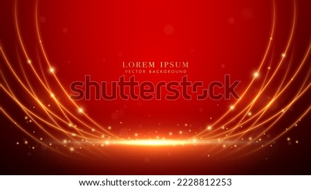 Golden curve lines, shine dots effect and bokeh on red luxury background. Elegant style design template concept. Vector illustration