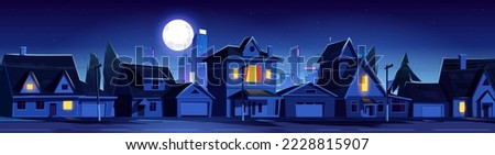Night town street with cottage houses, cityscape background. Vector cartoon illustration of suburban disrict and illuminated skyscrapers under midnight sky with stars and full moon glowing in darkness Royalty-Free Stock Photo #2228815907