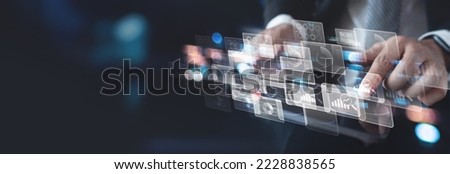 Data analysis, business intelligence, market research concept. Businessman using digital tablet with financial report, big data technology, analytics dashboard, finance and data science