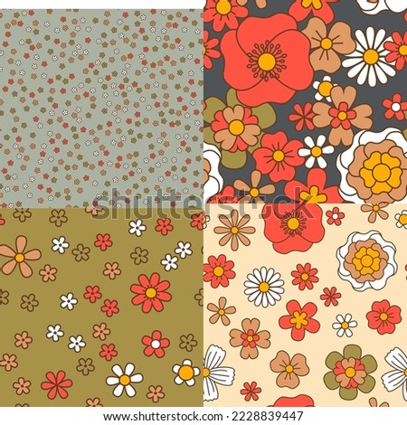 Wild poppies and blooming flowers, chamomile and daisies, roses in blossom. Spring and summer botany and leafage. Seamless pattern background or print, wallpaper or textile design. Vector in flat 