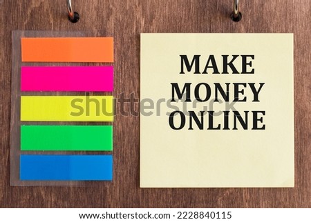 MAKE MONEY ONLINE text on a yellow frame on a wooden background, business concept
