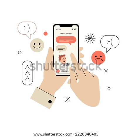 Online chat vector illustration. Two hands with smartphone. Messenger interface on mobile screen. Positive and negative reactions signs or icons. Editable stroke;. UI or websites graphics.