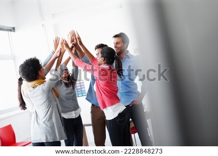 High five, diversity and friends teamwork or celebrate success for team community at office. Excited, team building and hands support or celebrating business strategy or happy collaboration together