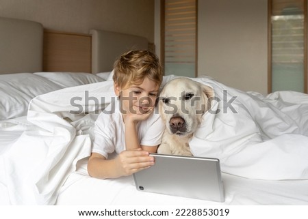 Cute child girl and her favorite pet dog golden retriever watching video cartoons or playing game on wireless digital tablet in white parent bed in bedroom at home. Bonding and relationship pet