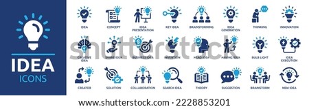 Idea icon set. Creative idea, brainstorming, solution, thinking and innovation icons. Lightbulb with brain symbol vector illustration. Solid icon collection. Royalty-Free Stock Photo #2228853201