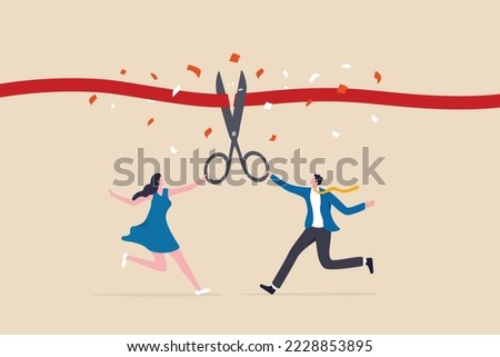 Cut ribbon to start new business, startup launch new product ceremony or great beginning celebration event, businessman and businesswoman holding scissors to cut red ribbon start new company.