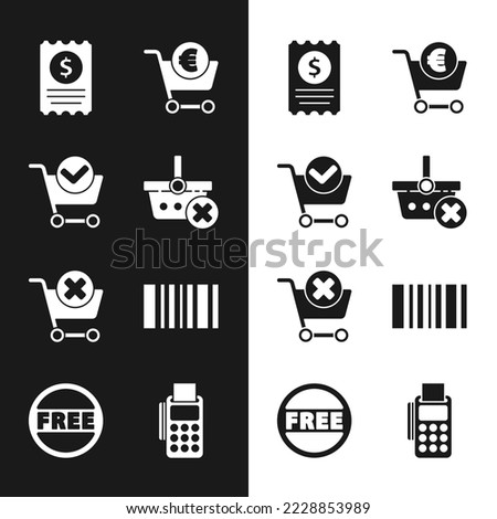 Set Remove shopping basket, Shopping cart with check mark, Paper and financial, euro, Barcode, POS terminal credit card and Price tag Free icon. Vector