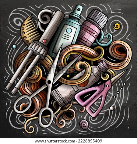 Hair Salon cartoon vector illustration. Chalkboard detailed composition with lot of Hairstyle objects and symbols