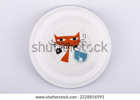 Top shot of a white plate with a cartoon cat eating a fish design
