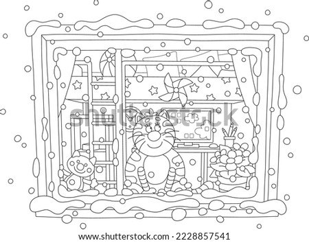 Funny plump domestic cat friendly smiling, sitting on a windowsill and watching merry swirling snowflakes outside a window on a cold and snowy winter day, black and white vector cartoon