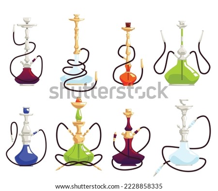 Hookah oriental tobacco pipe devices collection, flat vector illustration isolated on white background. Hookah or calabash icons and symbols for logo and tobacco card.