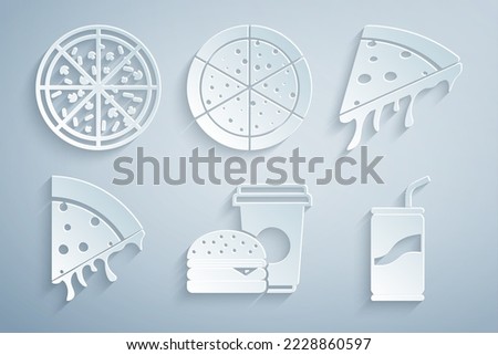 Set Coffee and burger, Slice pizza, Soda can with drinking straw, Pizza and icon. Vector