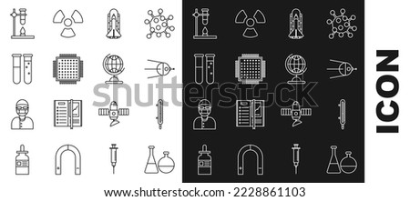 Set line Test tube and flask chemical laboratory, Meteorology thermometer measuring, Satellite, Space shuttle rockets, Processor, Glass test on fire heater and Earth globe icon. Vector